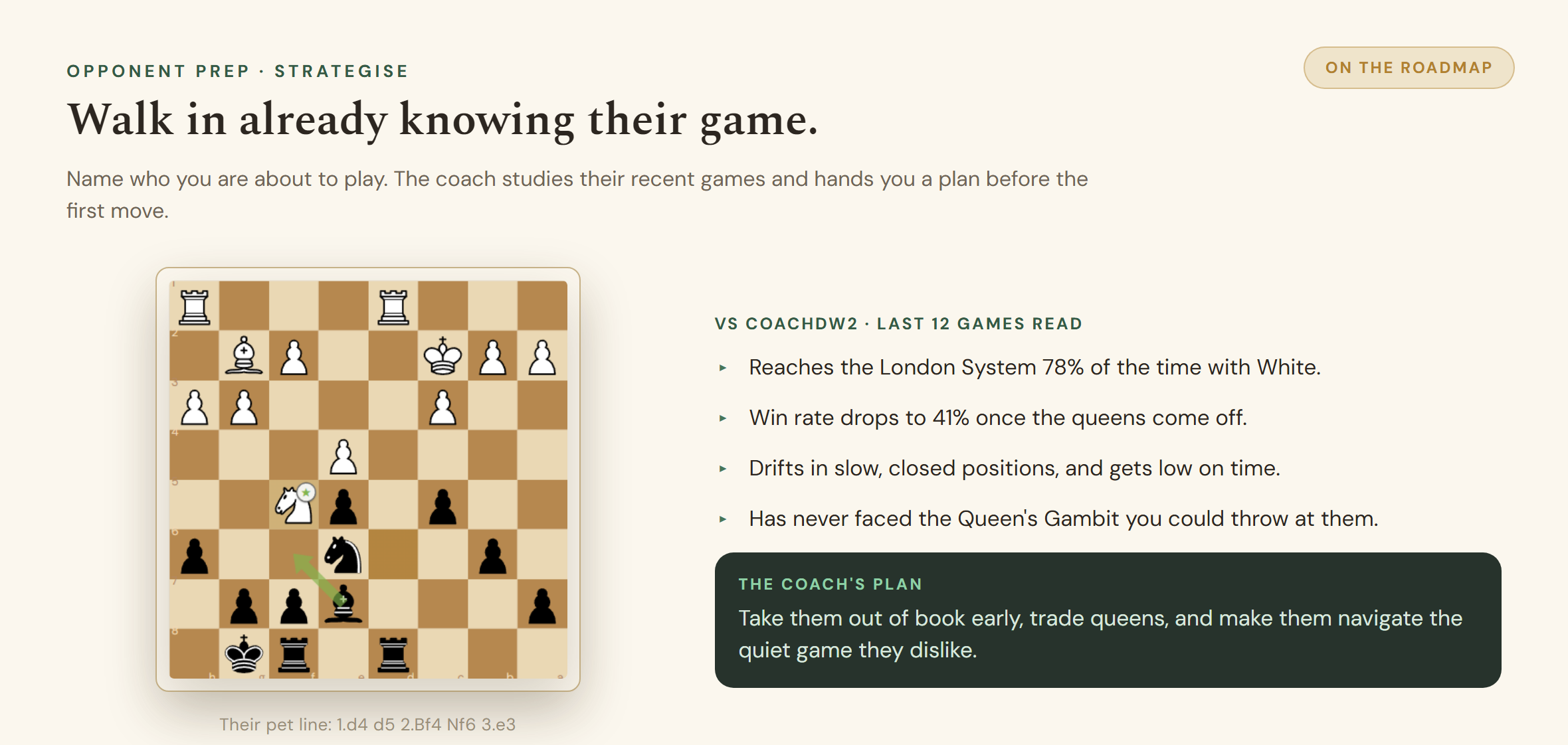 Opponent prep (on the roadmap): study your next opponent's openings and weaknesses